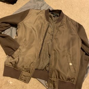 brown bomber jacket with cotton sleeves